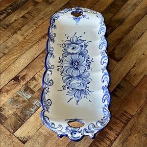 Portuguese Blue and White Floral Ceramic Handmade Tray
